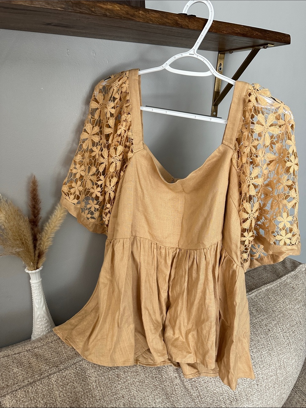 White Birch Lace Sleeve Peplum Tunic in Camel-Tan